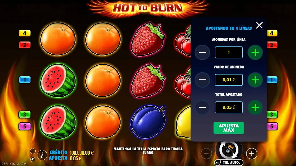Menú de apuesta de Hot to Burn